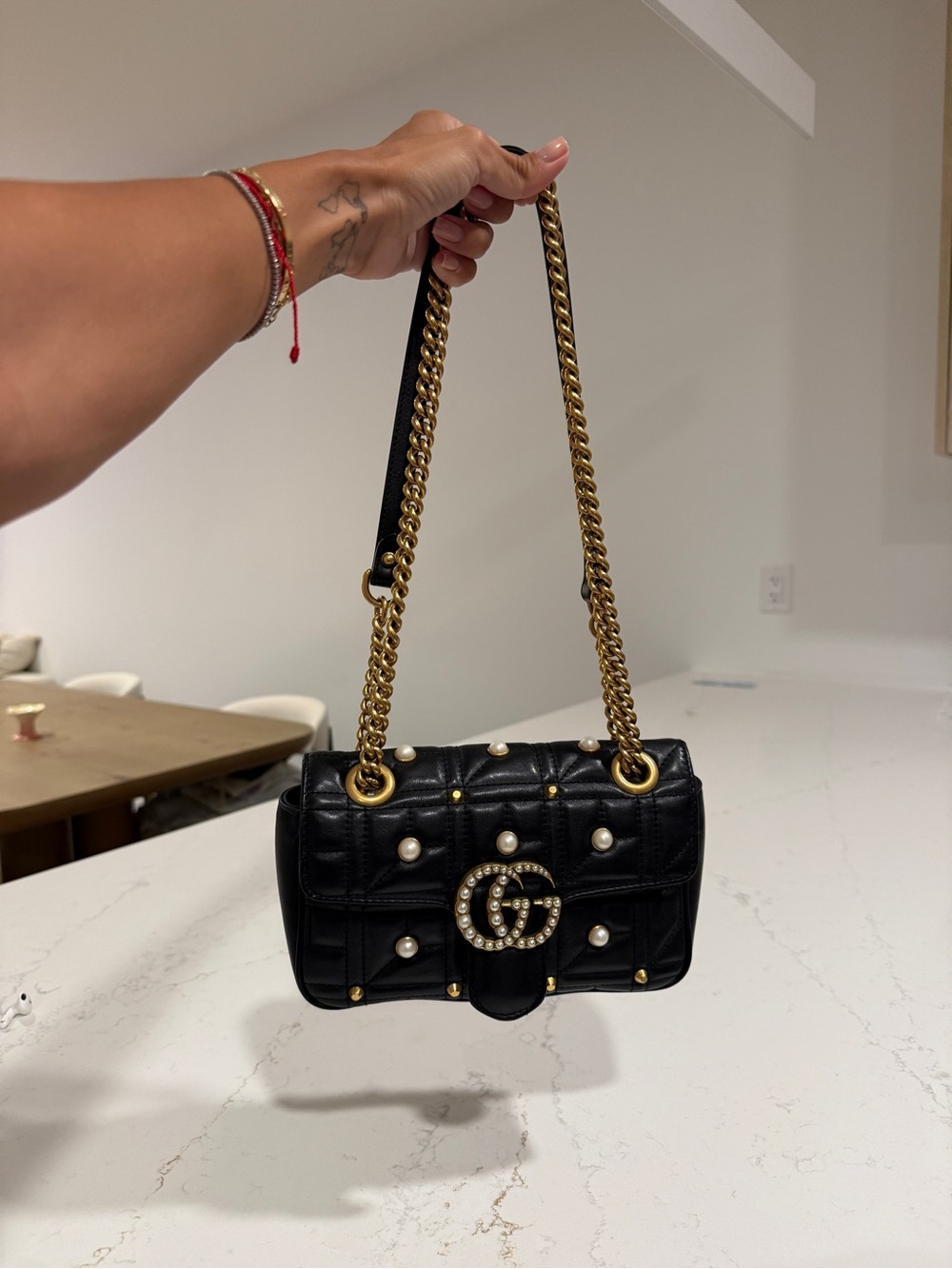 Gucci Black Pearl-Studded GG Chain Shoulder Bag